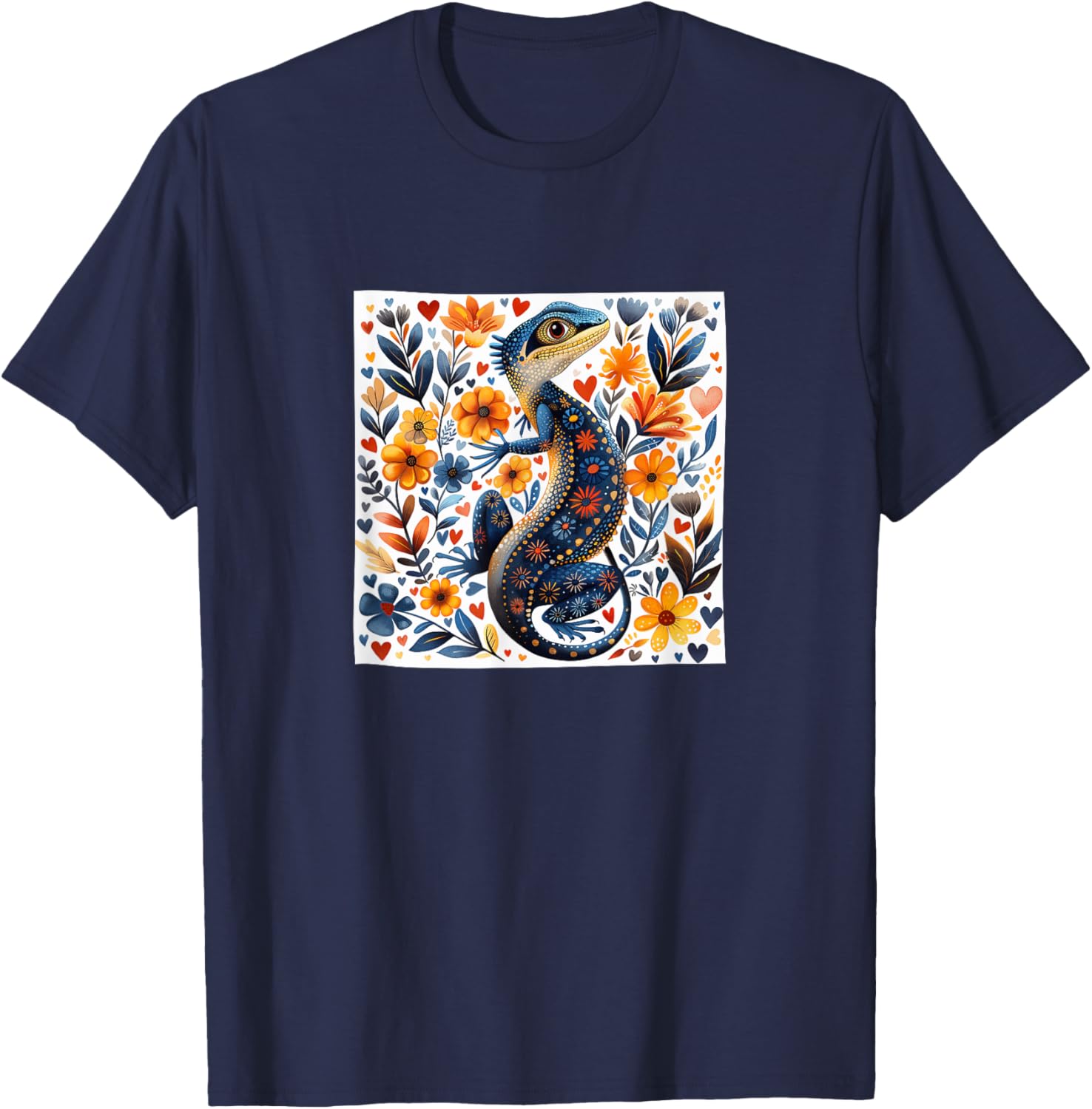 Lizard Flowers With Hearts Around Boho Style Graphic T-Shirt - T-Shirt | Navy