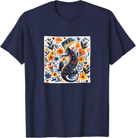 Lizard Flowers With Hearts Around Boho Style Graphic T-Shirt - T-Shirt | Navy