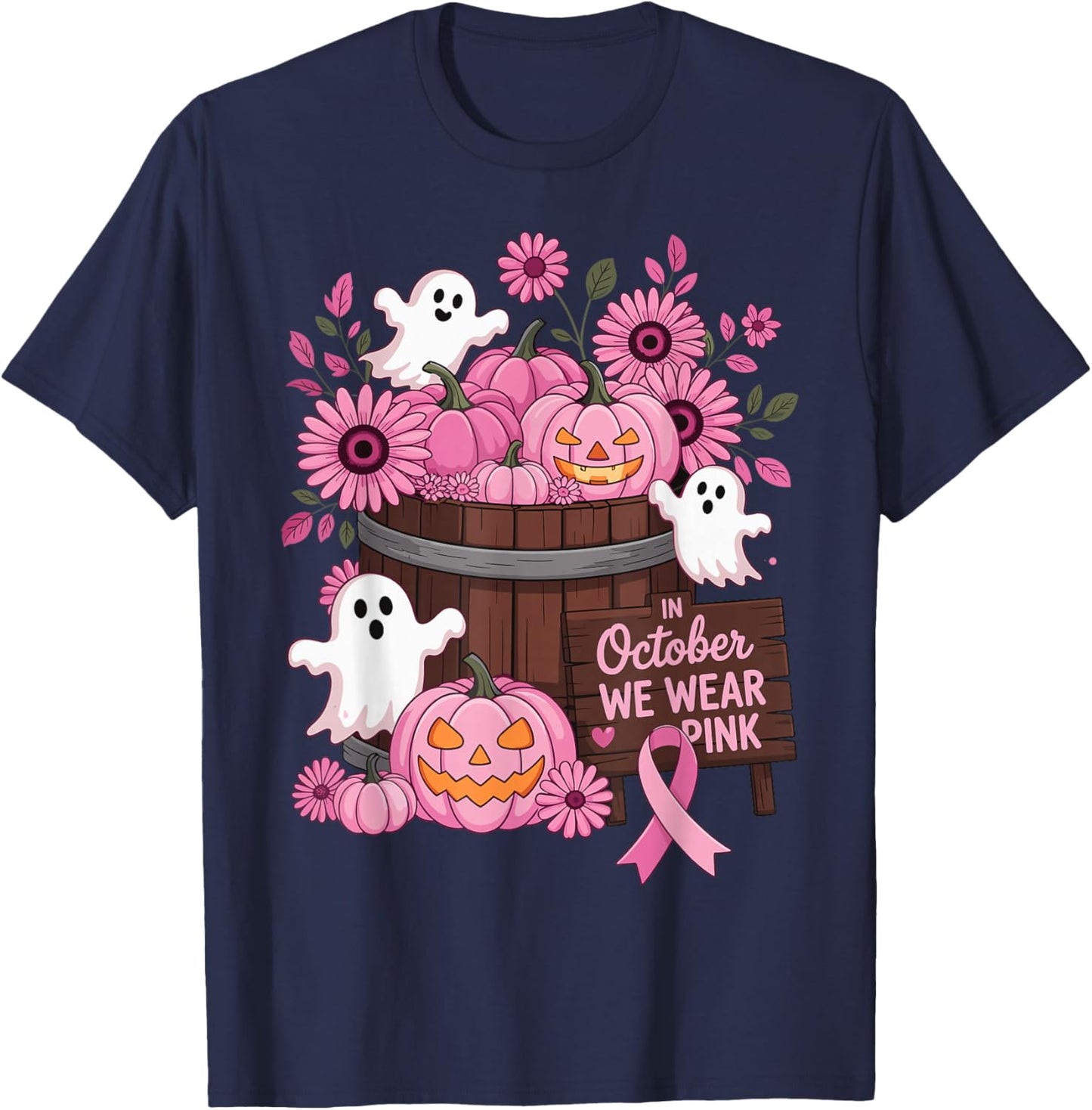 in October We Wear Pink Pumpkin Ghost Breast Cancer Survivor T-Shirt - T-Shirt | Navy