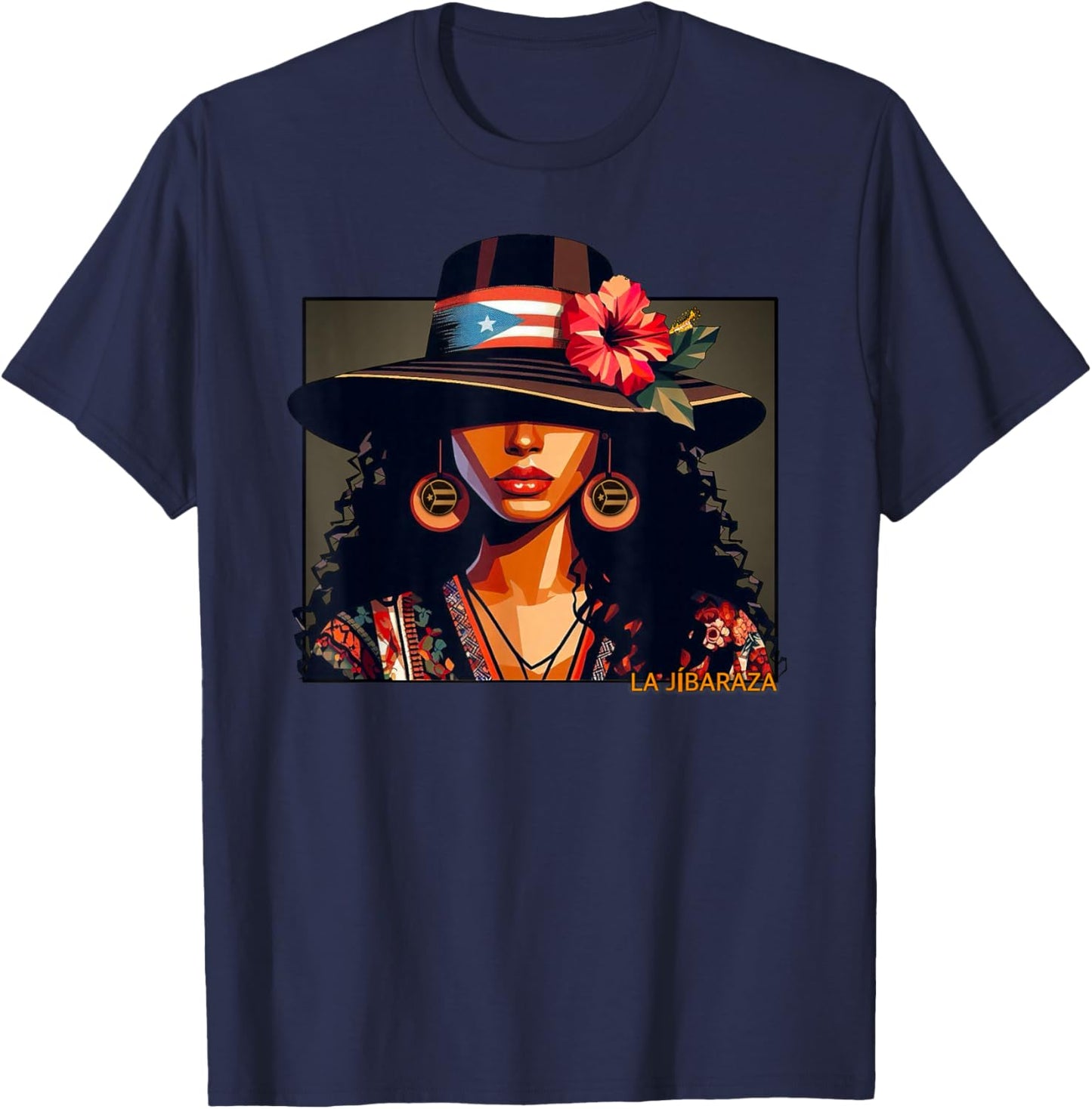 Jibara, Boricua Flag, Puerto Rican Hibiscus Flower T-Shirt - T-Shirt | Navy