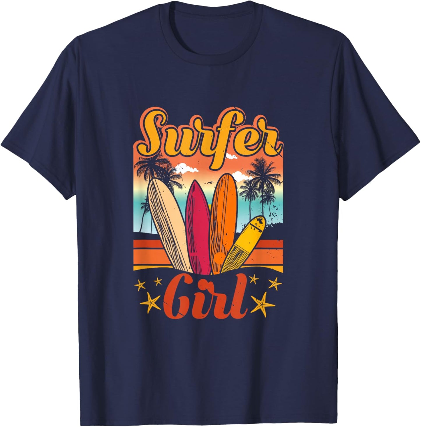 Surfer Girl Beach Retro 70s Vintage Surfing Vacation Summer T-Shirt - T-Shirt | Navy