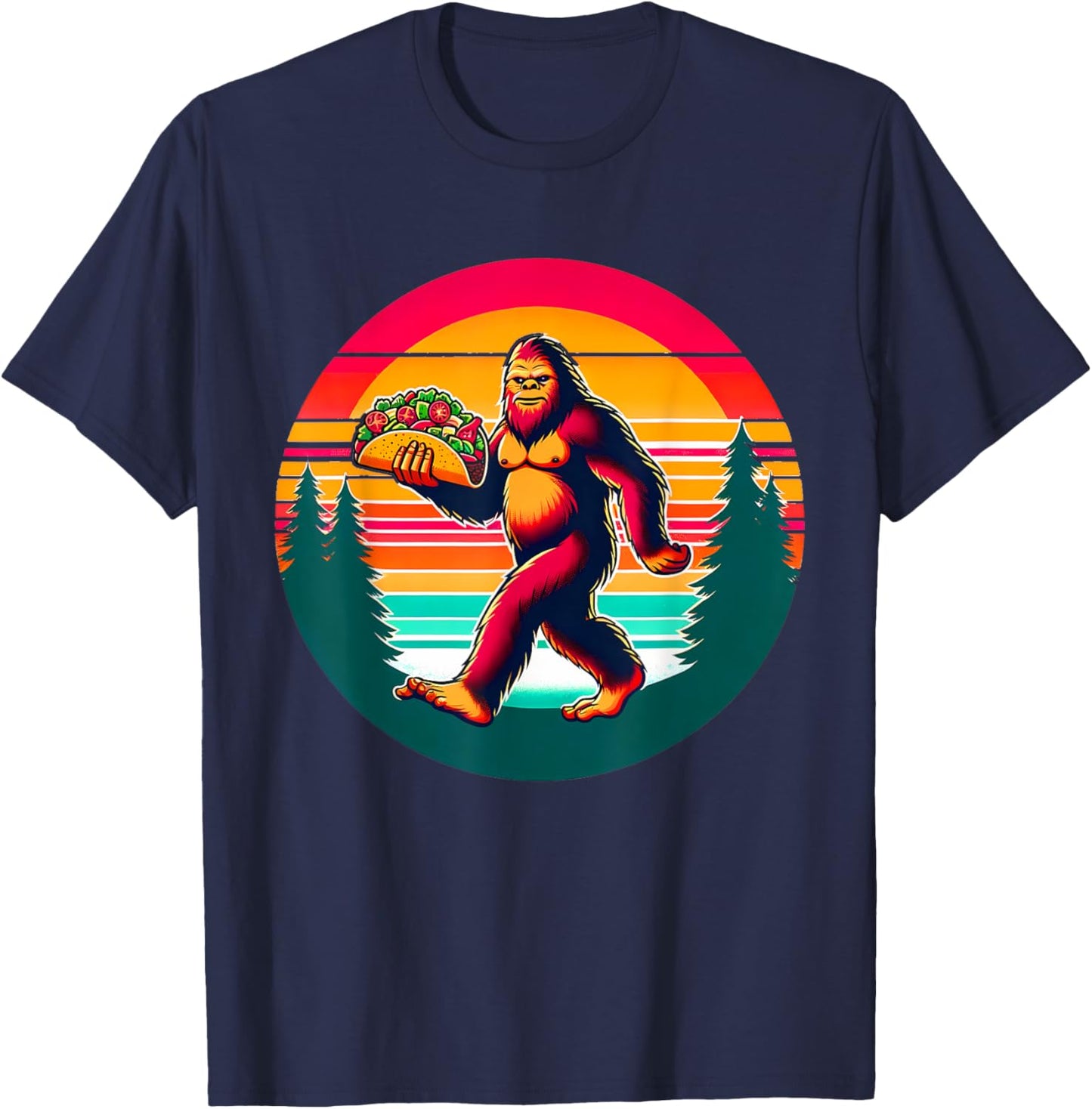 Funny Vintage Big Foot aka Sasquatch Holding a Taco T-Shirt - T-Shirt | Navy