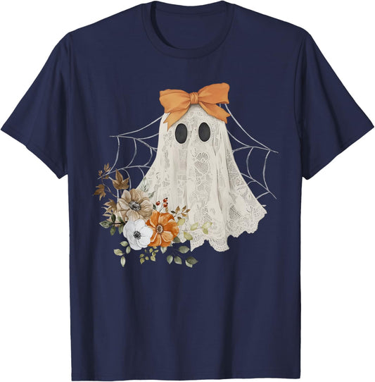 Coquette Ghost Halloween Flower Ghost Spooky Lace Ghost T-Shirt - T-Shirt | Navy
