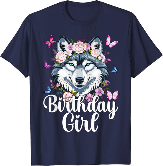 Wolf with Flowers for the Birthday Girl T-Shirt - T-Shirt | Navy
