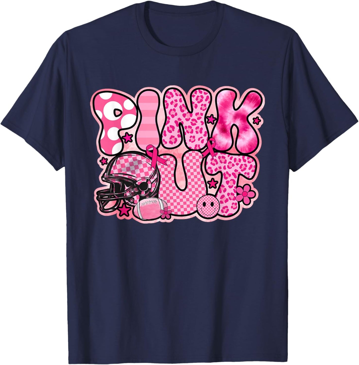 Retro Groovy Pink Out Football Breast Cancer Awareness T-Shirt - T-Shirt | Navy