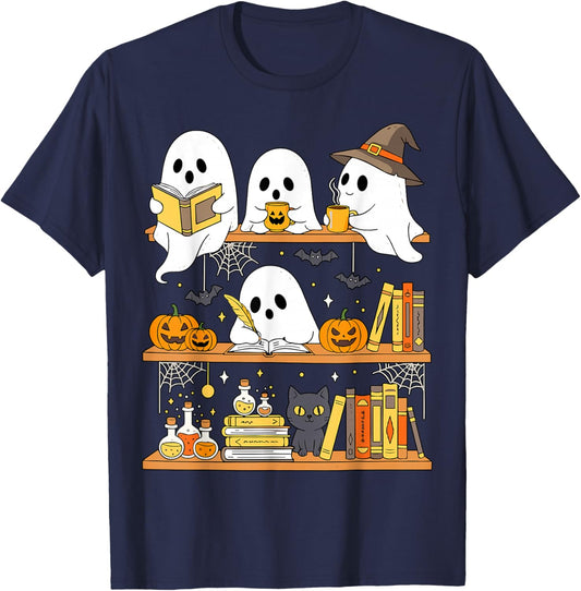 Cute Halloween Ghost Bookshelf Cat Book Lover T-Shirt - T-Shirt | Navy
