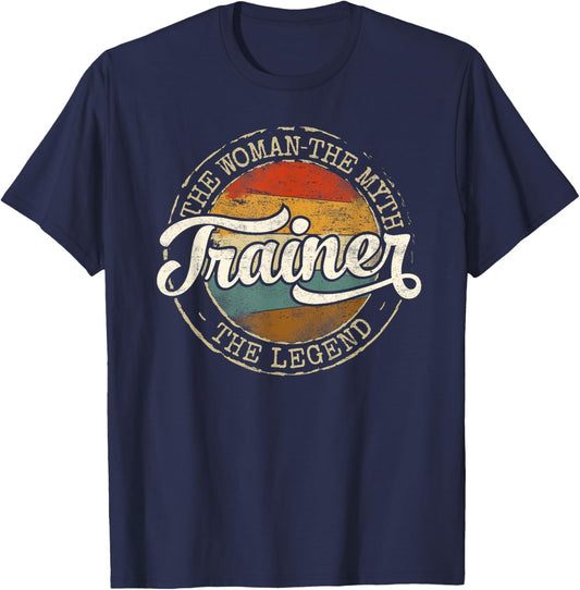 Trainer Woman Myth Legend Vintage Stamp Fitness Instructor T-Shirt - T-Shirt | Navy