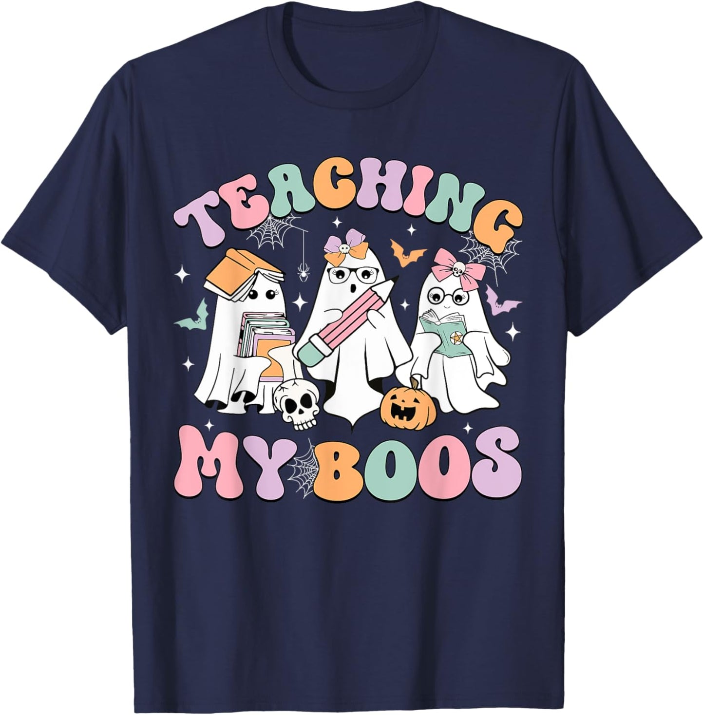 Teaching My Boos Cute Book Ghost Groovy Teacher Halloween Women Kids T-Shirt - T-Shirt | Navy