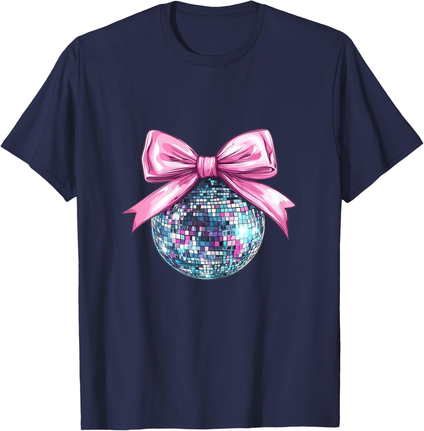 Disco Ball Pink Coquette Bow Cute Dainty Bow Ribbon Girls T-Shirt - T-Shirt | Navy