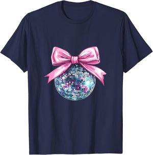 Disco Ball Pink Coquette Bow Cute Dainty Bow Ribbon Girls T-Shirt - T-Shirt | Navy