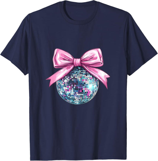 Disco Ball Pink Coquette Bow Cute Dainty Bow Ribbon Girls T-Shirt - T-Shirt | Navy