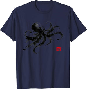Japanese Octopus Sumi-e Ink Art Graphic Kraken T-Shirt - T-Shirt | Navy