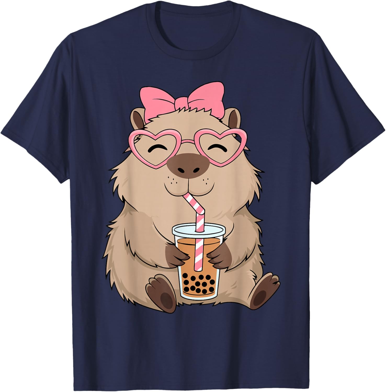 Funny Capybara Coquette Bow Tea Bubble Rodent Animal Costume T-Shirt - T-Shirt | Navy