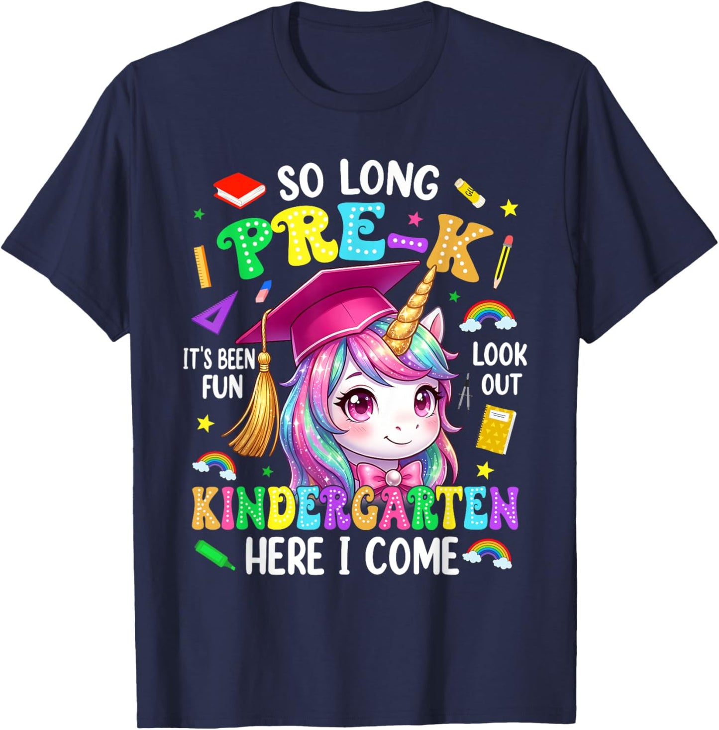 So Long Pre-K Hello Kindergarten Graduation Unicorn Girl Kid T-Shirt - T-Shirt | Navy