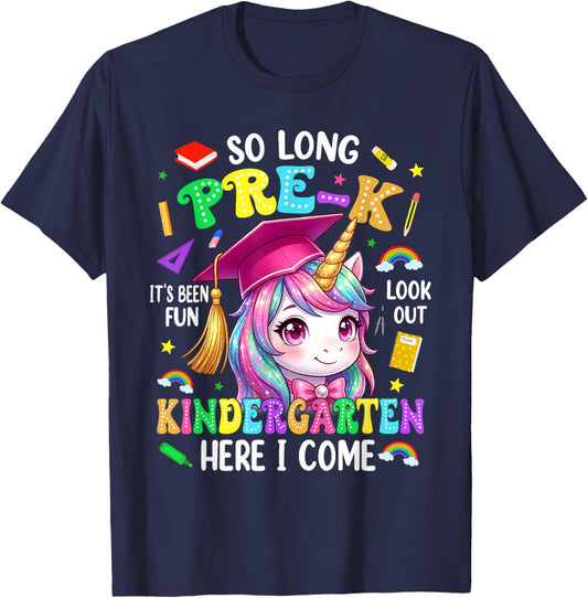 So Long Pre-K Hello Kindergarten Graduation Unicorn Girl Kid T-Shirt - T-Shirt | Navy