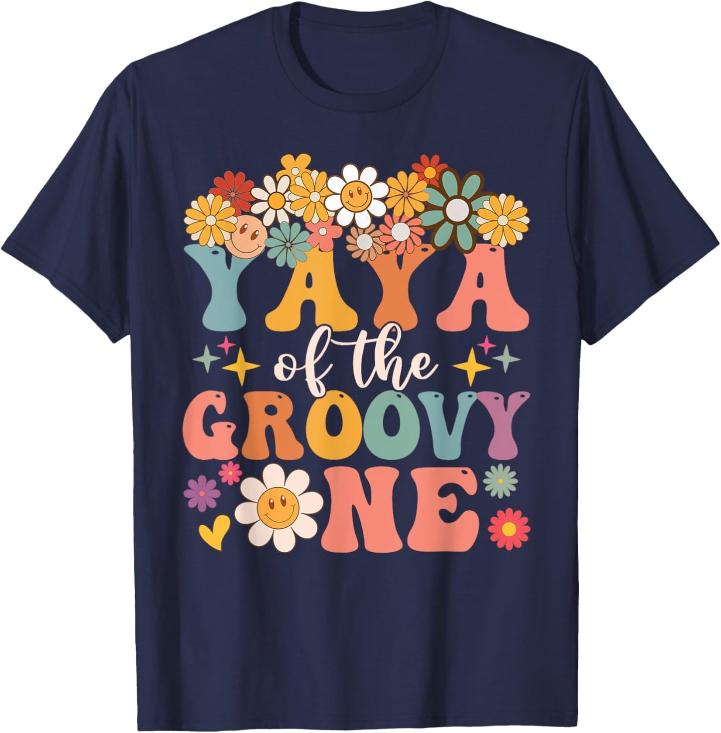 Retro Yaya of Groovy One Matching Family 1st Birthday Party T-Shirt - T-Shirt | Navy