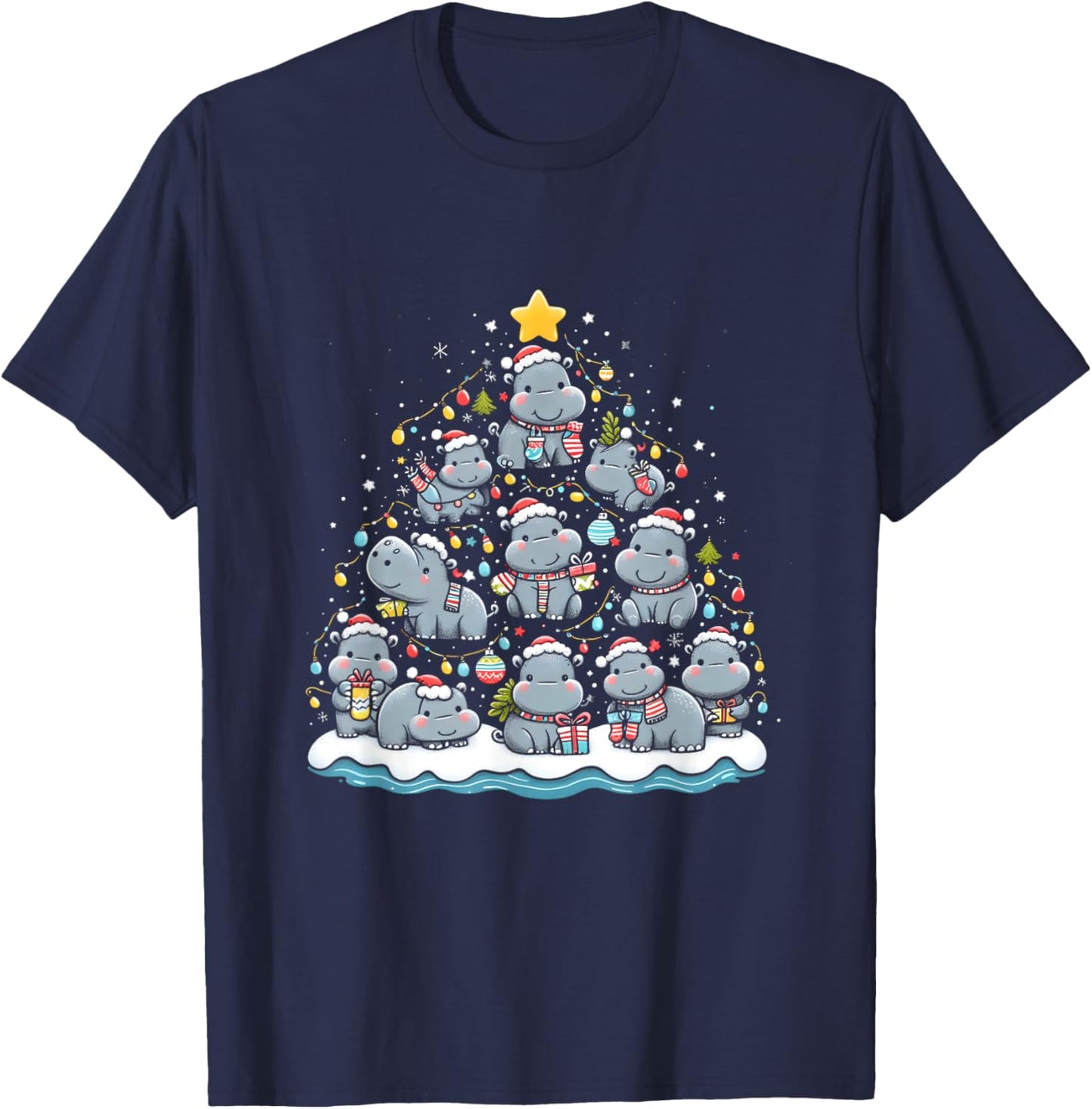Hippopotamus Christmas Tree Funny Baby Pygmy Hippo Decor T-Shirt - T-Shirt | Navy