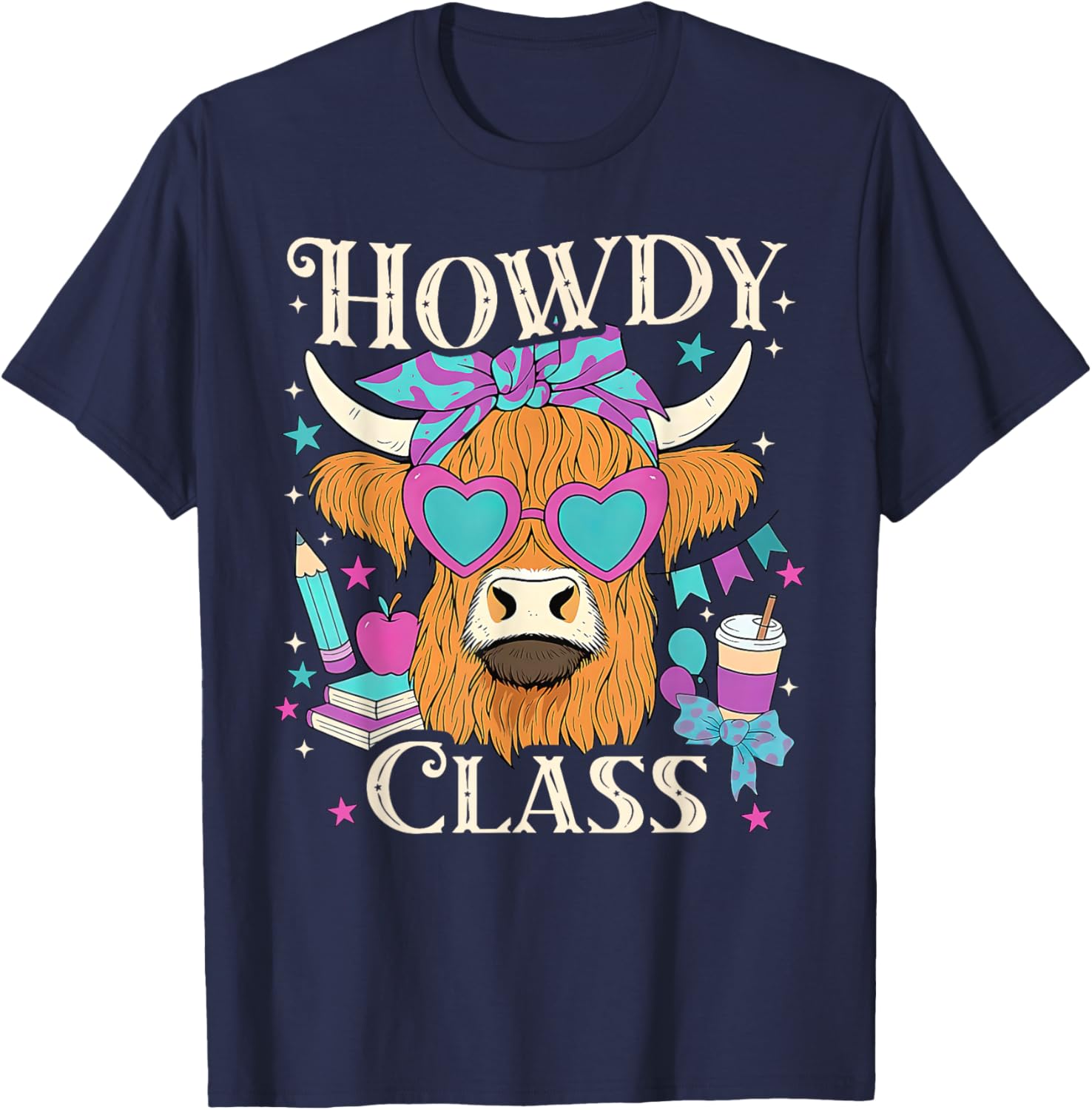 Highland Cow Howdy Class Western Cowboy Teacher Appreciation T-Shirt - T-Shirt | Navy