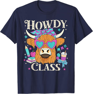 Highland Cow Howdy Class Western Cowboy Teacher Appreciation T-Shirt - T-Shirt | Navy