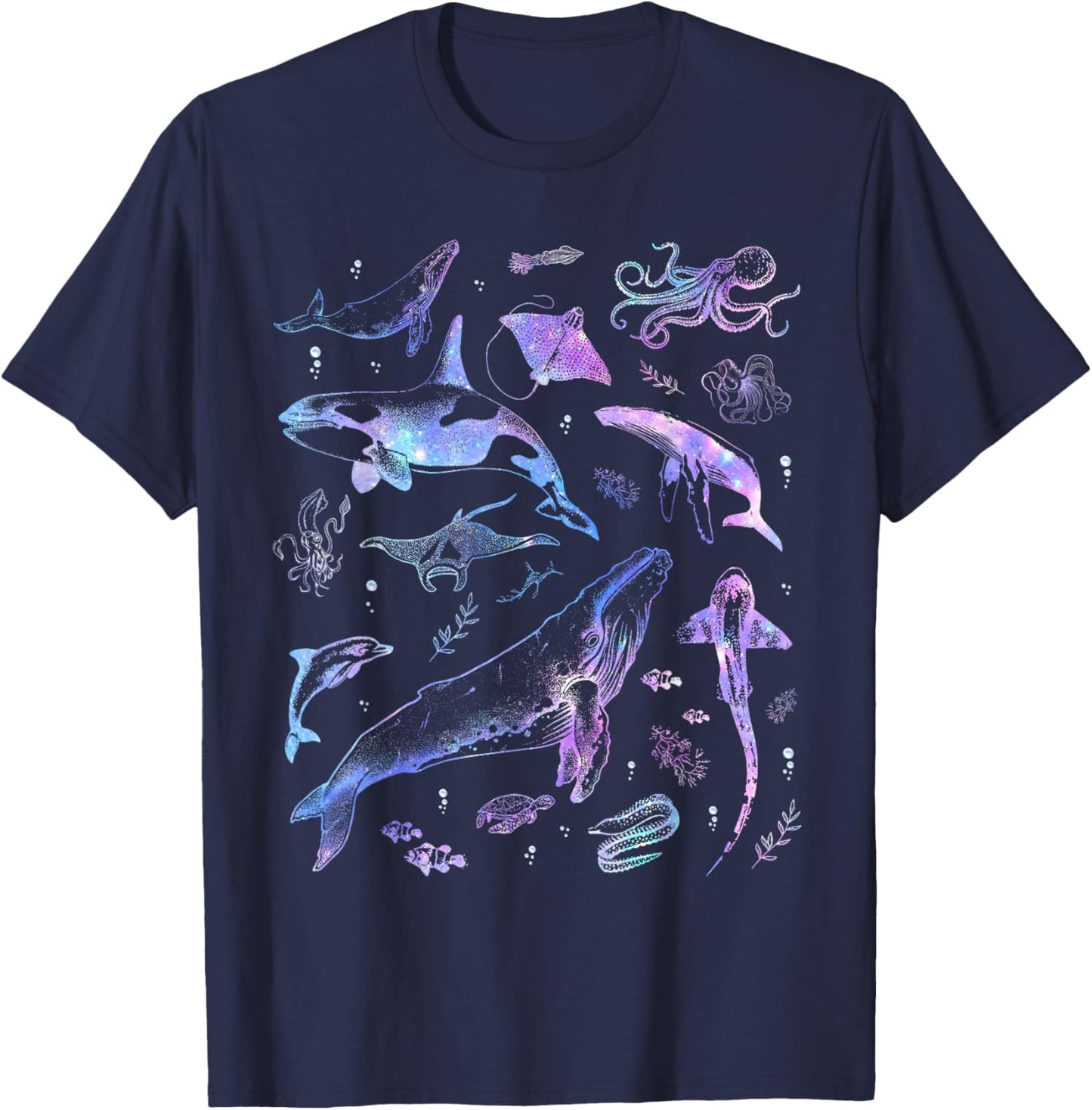 Vintage 90s Ocean Wildlife Shark Turtle Octopus T-Shirt - T-Shirt | Navy
