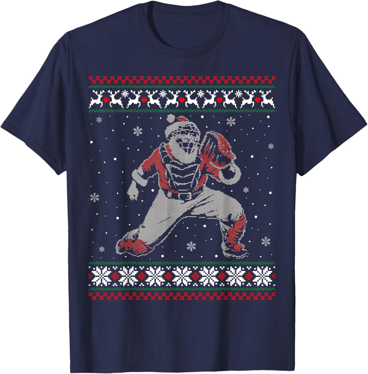 Baseball Catcher Christmas Ugly Sweater Baseball Player T-Shirt - T-Shirt | Navy