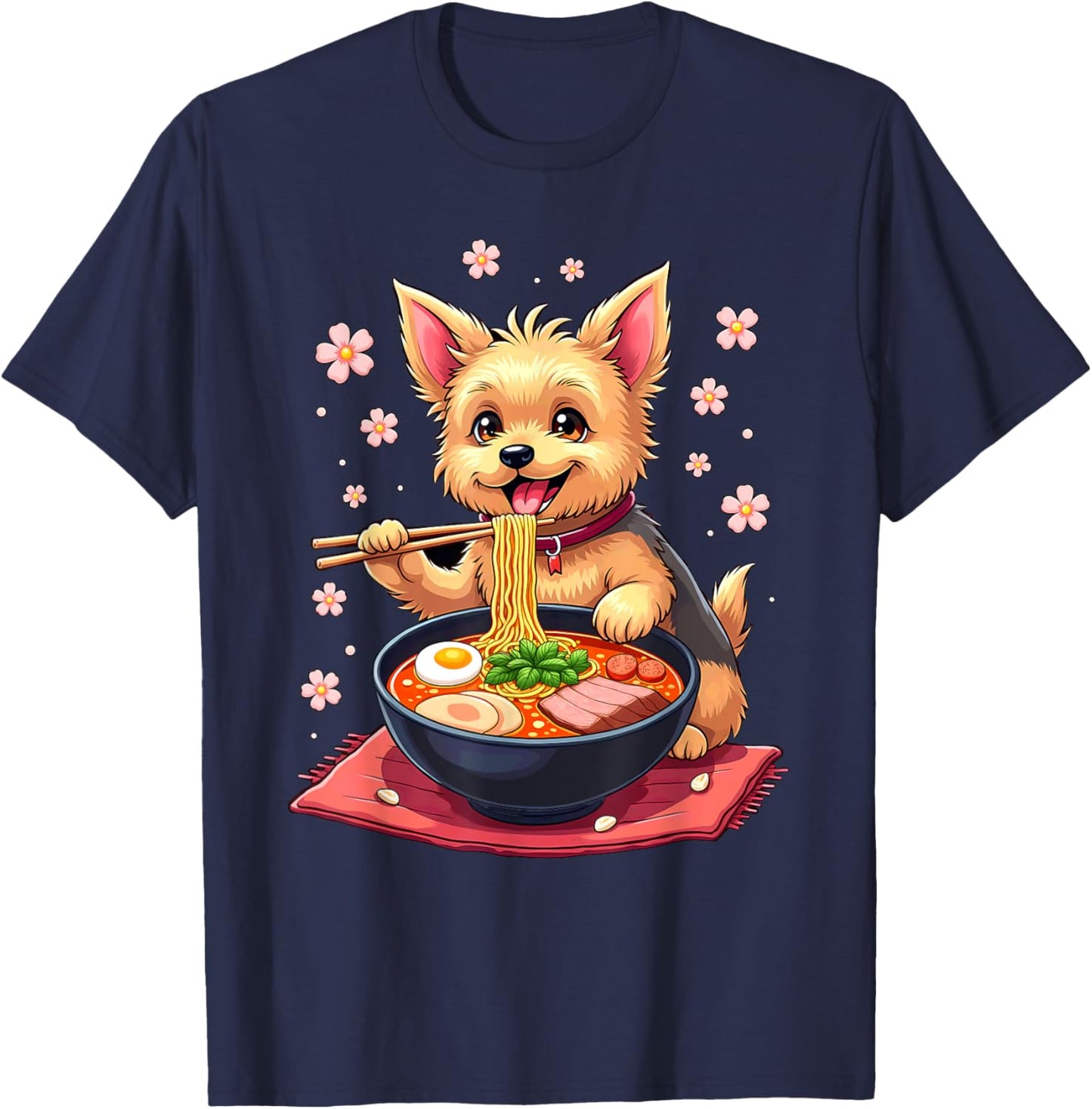 Japanese Kawaii Yorkie Dog Eating Ramen T-Shirt - T-Shirt | Navy