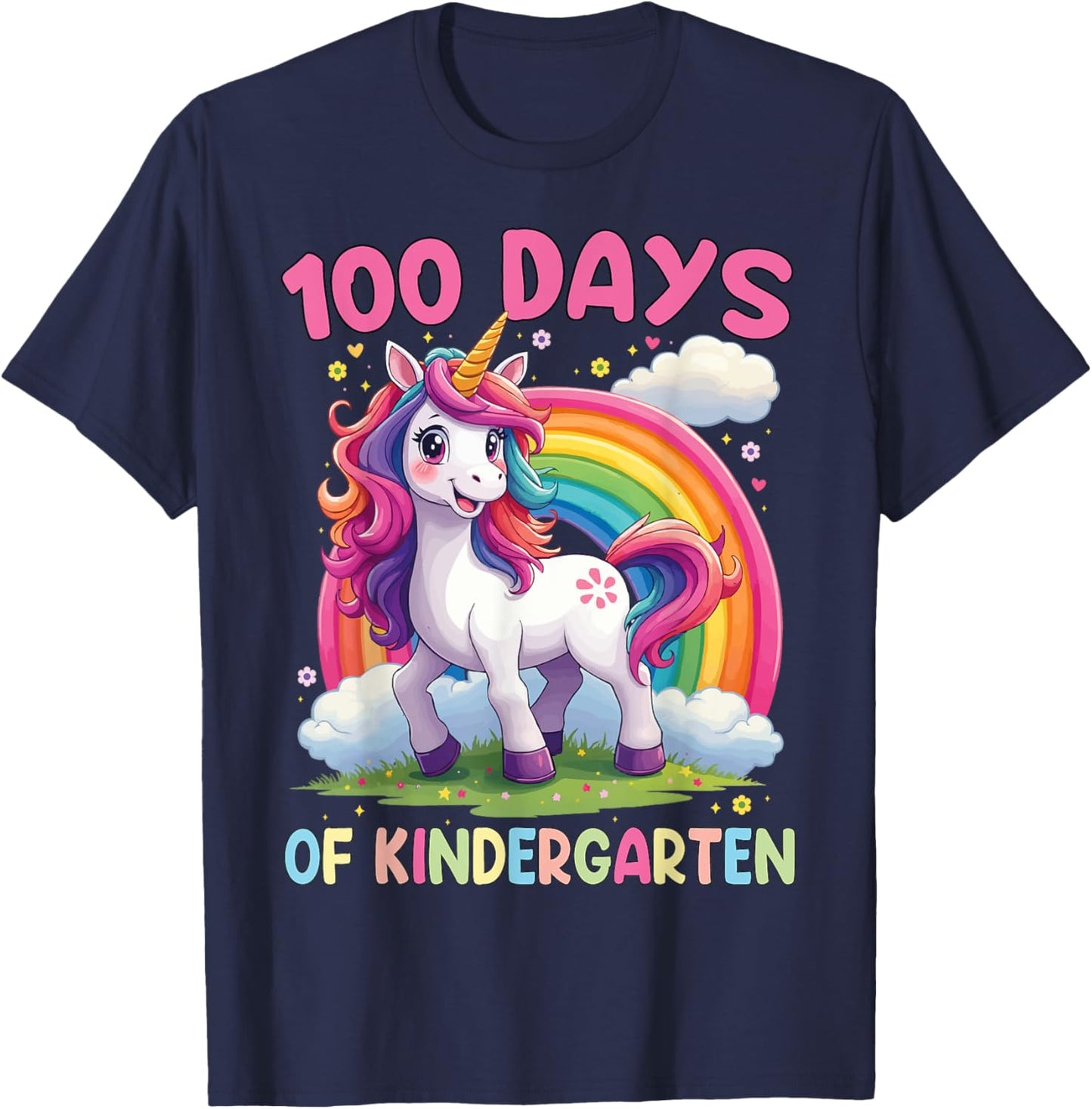 I Survived 100 Days Of Kindergarten 100th Day Unicorn Girls T-Shirt - T-Shirt | Navy