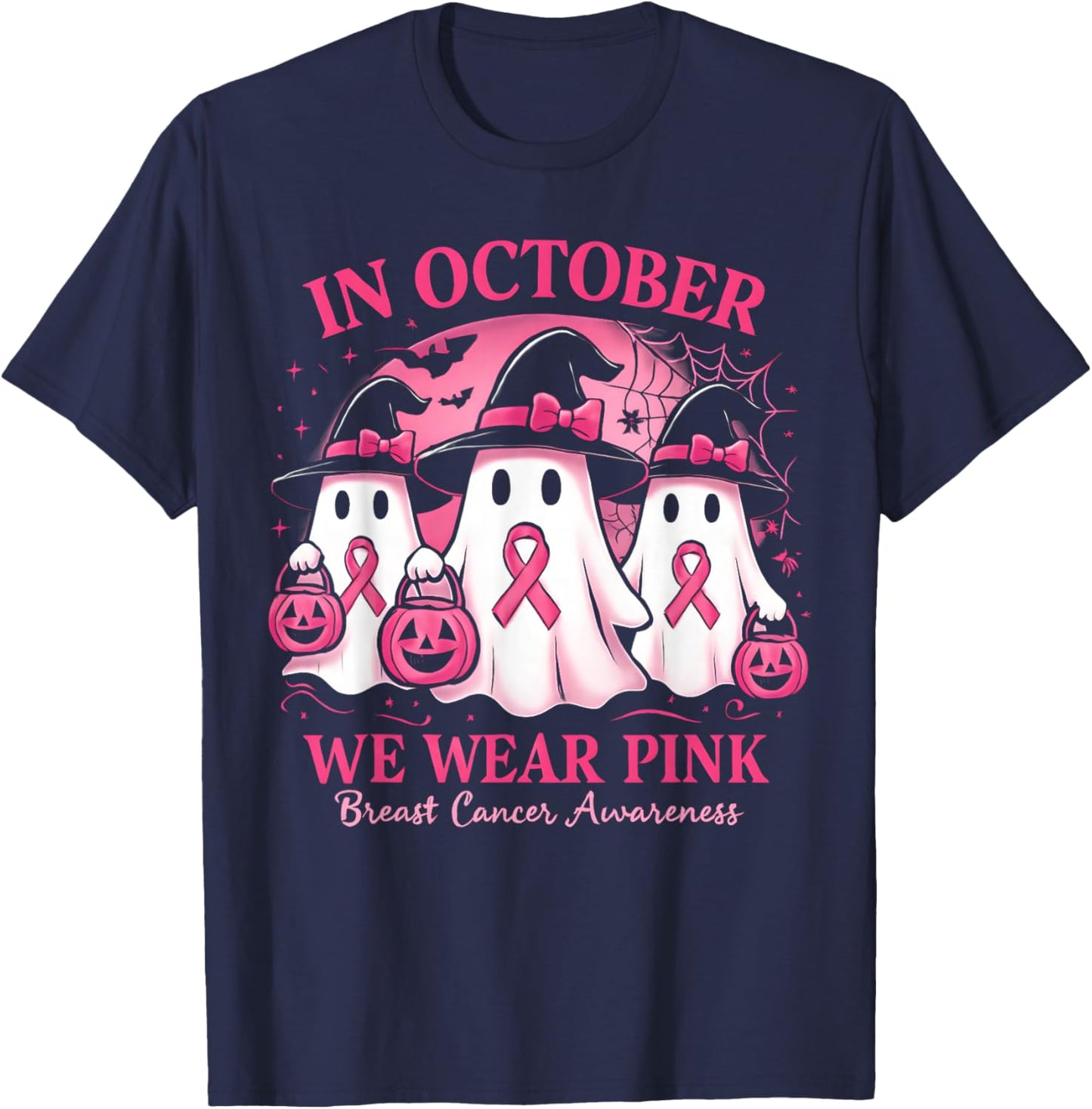in October We Wear Pink Ghost Halloween Women Breast Cancer T-Shirt - T-Shirt | Navy