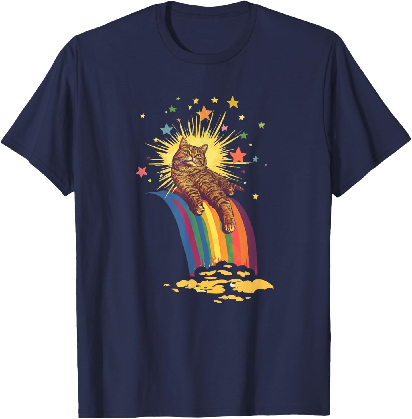 Retro Vintage Relaxed Tabby Cat Lounging On A Rainbow T-Shirt - T-Shirt | Navy