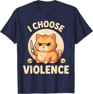 Grumpy Orange Cat I Choose Violence Funny Sarcastic Tabby T-Shirt - T-Shirt | Navy