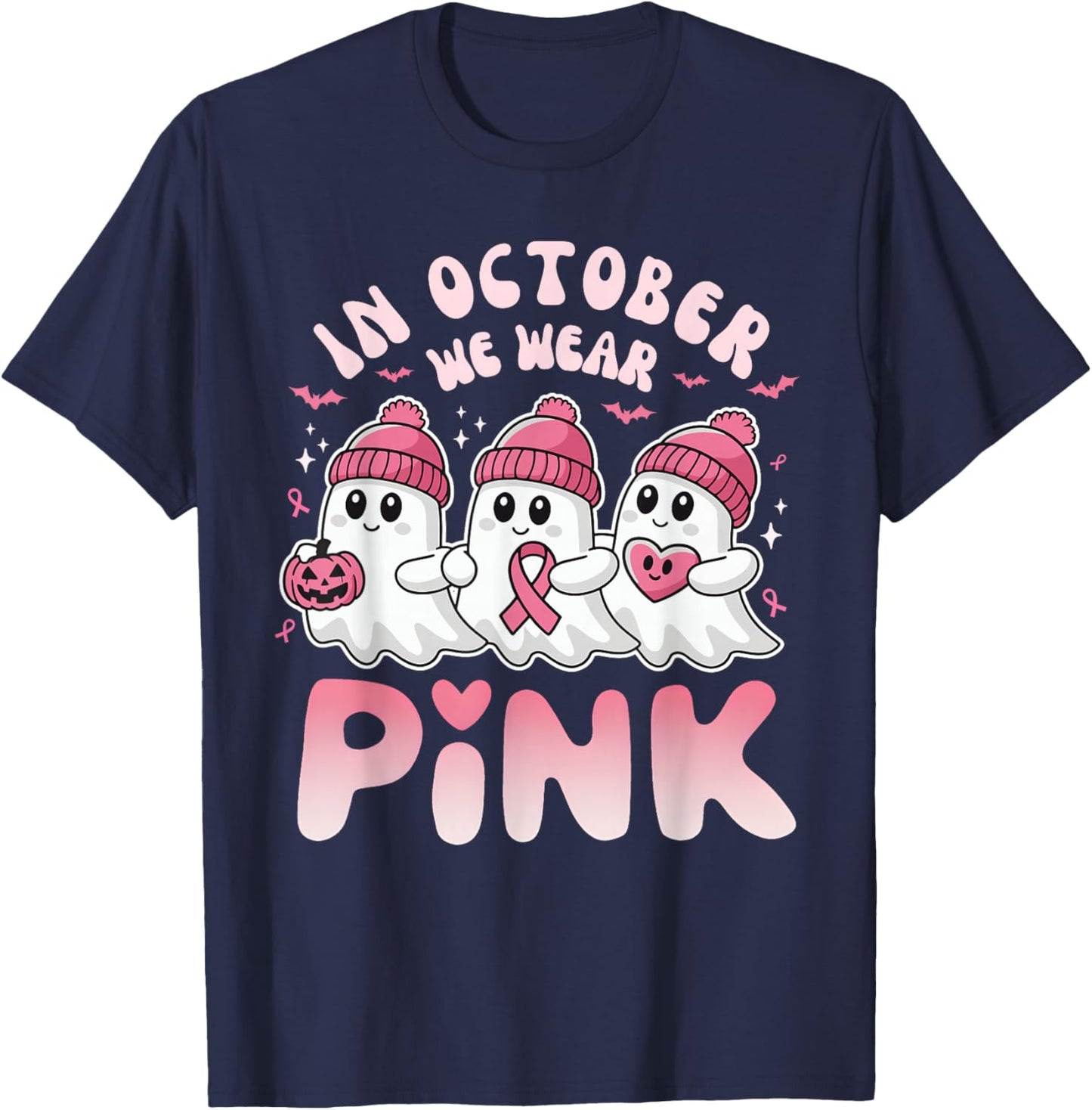 In October We Wear Pink Spooky Ghost Breast Cancer Awareness T-Shirt - T-Shirt | Navy