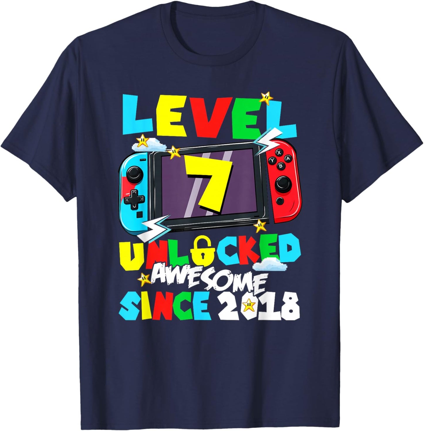 Level 7 Unlocked Awesome Since 2018 7th Birthday Video Gamer T-Shirt - T-Shirt | Navy