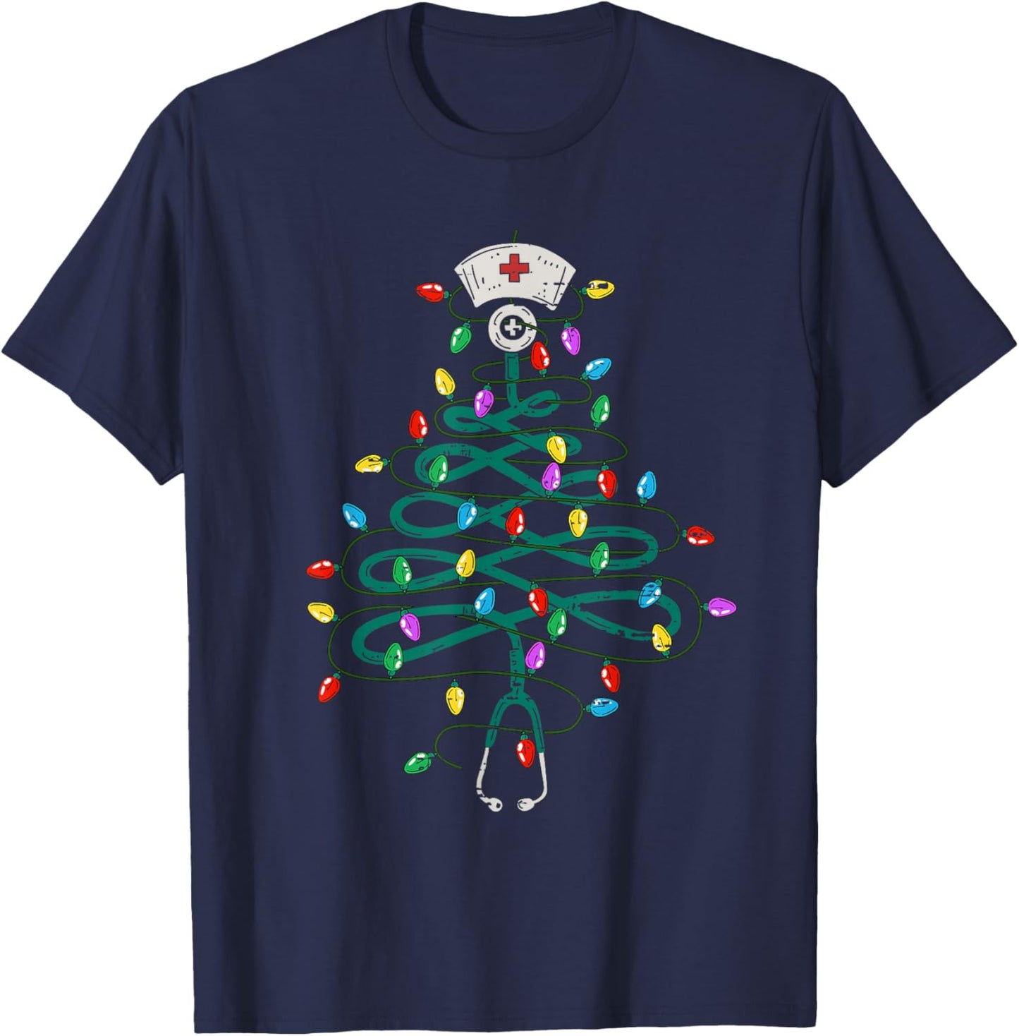 Stethoscope Christmas Tree Lights Nurse Christmas Scrub Top T-Shirt - T-Shirt | Navy
