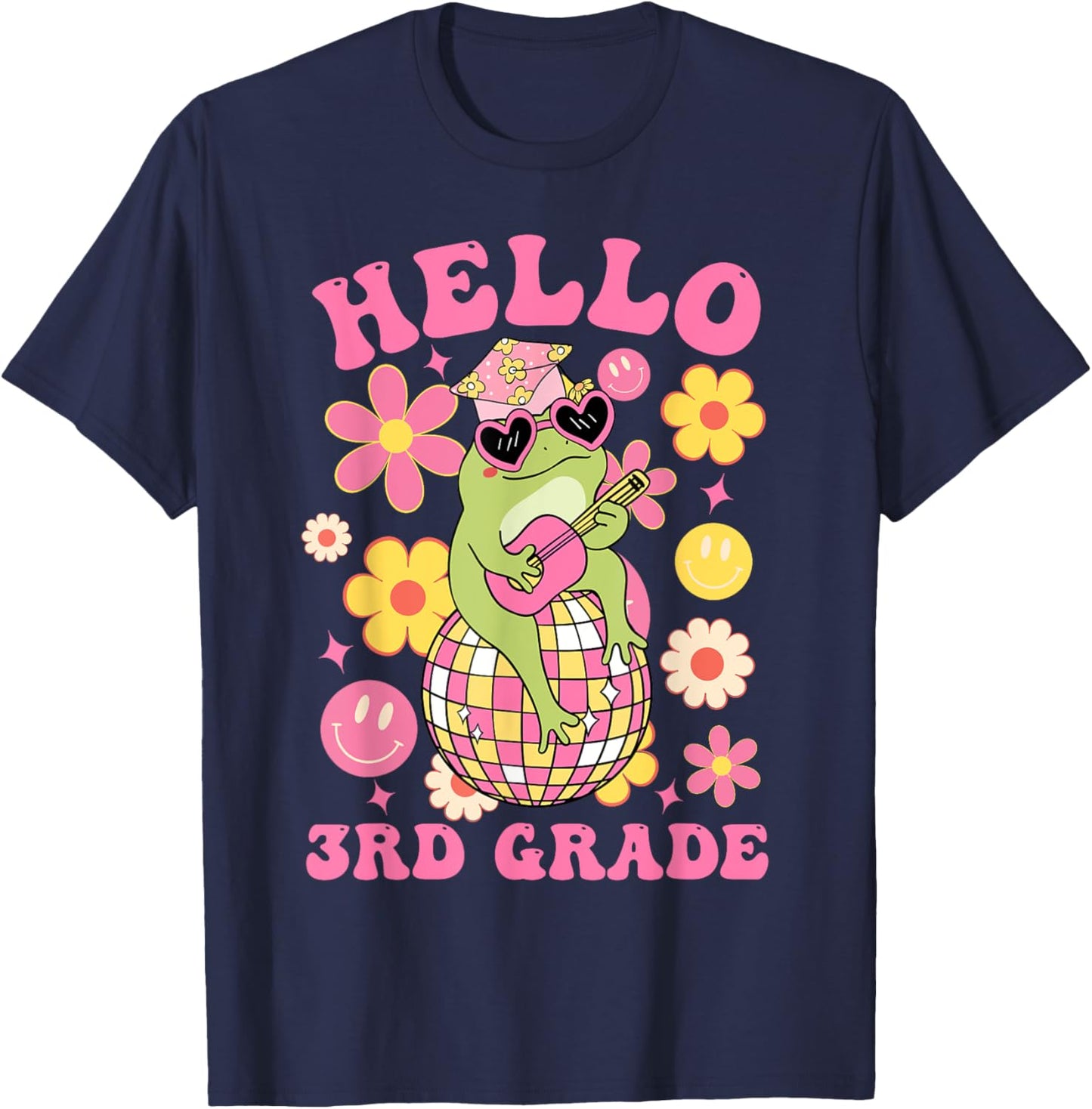 Hello Third 3rd Grade-Back To School Groovy Frog Funny Kids T-Shirt - T-Shirt | Navy