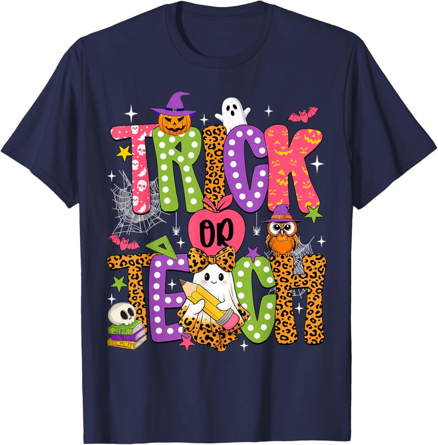 Retro Trick Or Teach Leopard Ghost Halloween Spooky Teacher T-Shirt - T-Shirt | Navy