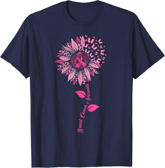Sunflower Breast Cancer Awareness Pink Ribbon In October T-Shirt - T-Shirt | Navy