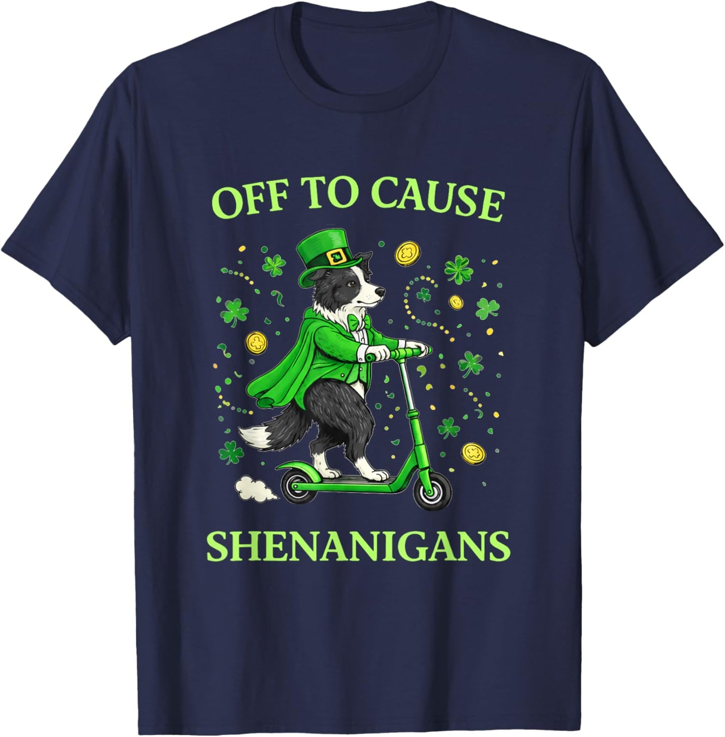 St Patricks Day Border Collie Leprechaun Scooter Shenanigans T-Shirt - T-Shirt | Navy