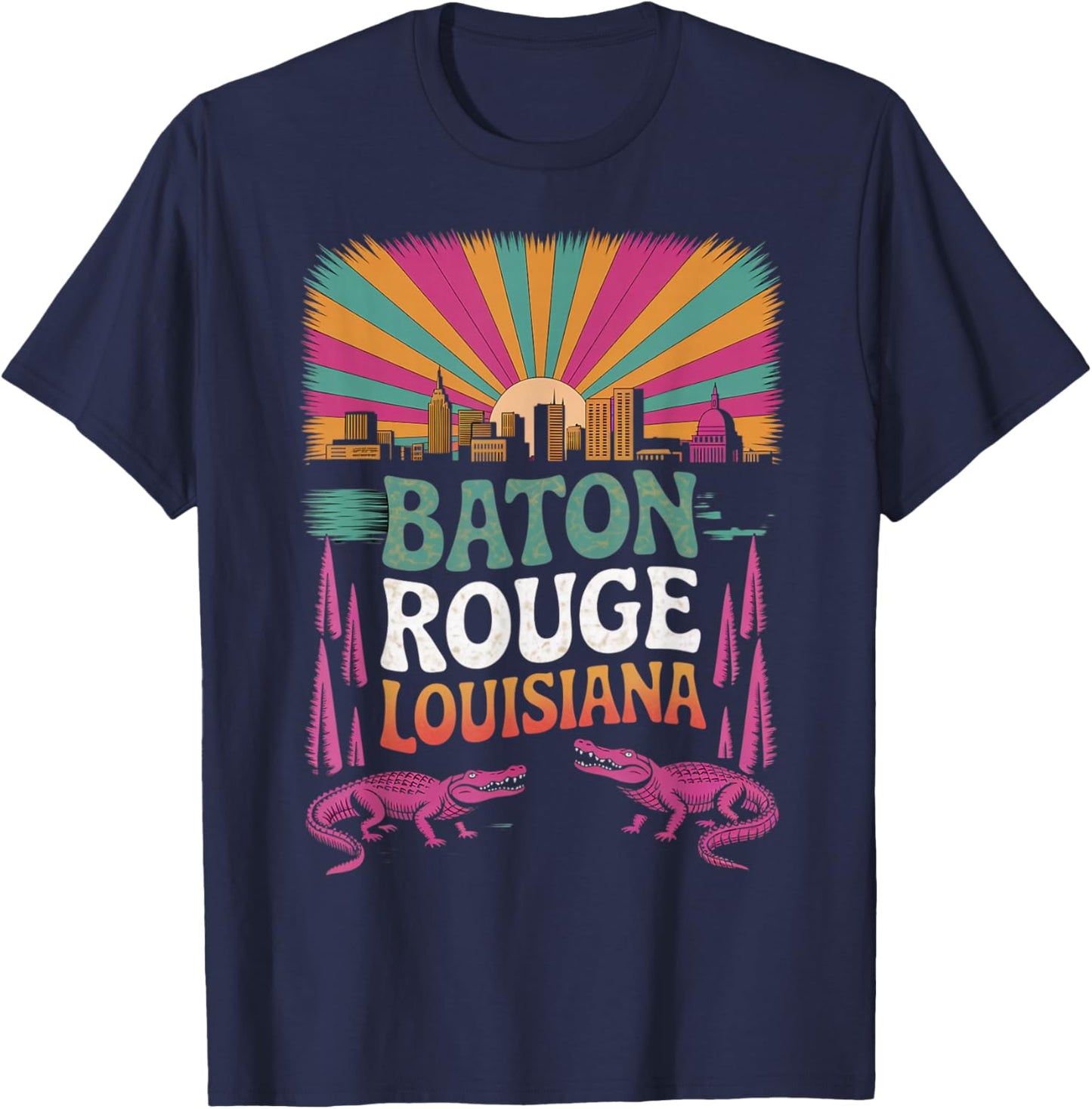 Retro Baton Rouge Louisiana Sunset Skyline Vintage T-Shirt - T-Shirt | Navy