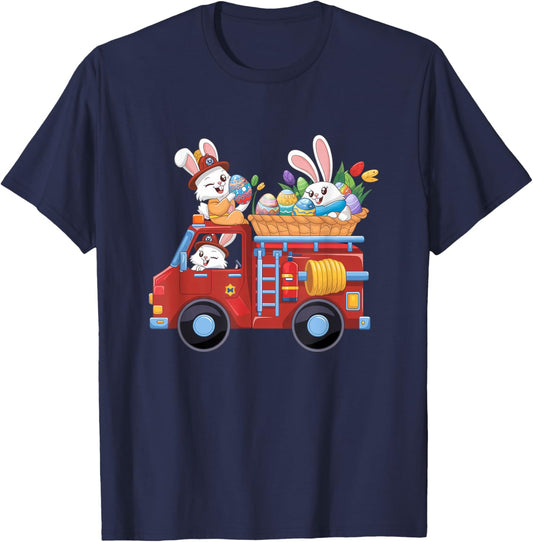 Bunny Firetruck Easter Egg Hunt Firefighter Kids Girls Boys T-Shirt - T-Shirt | Navy