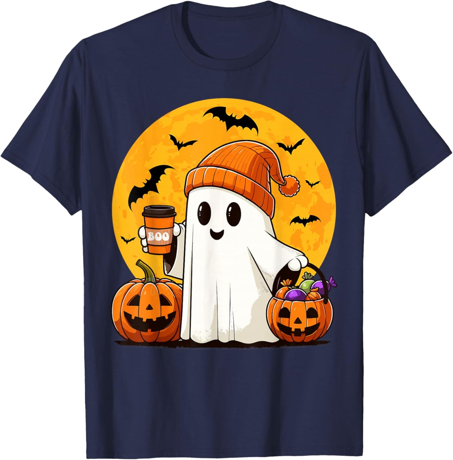 Cute Ghost Drinking Coffee Pumpkin Boo Funny Halloween Ghost T-Shirt - T-Shirt | Navy