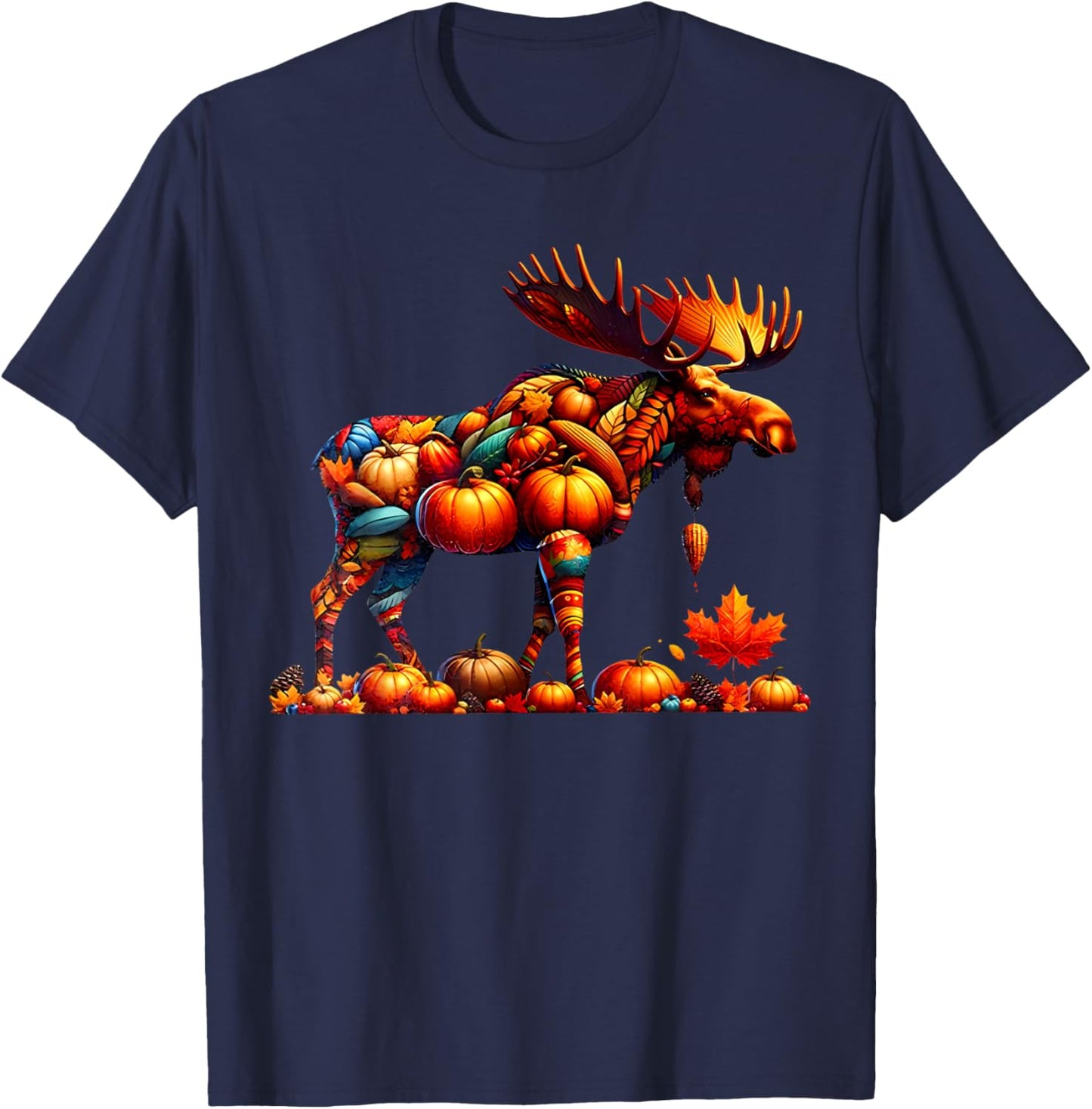Moose Pumpkin Fall Thanksgiving Autumn Season Graphics T-Shirt - T-Shirt | Navy