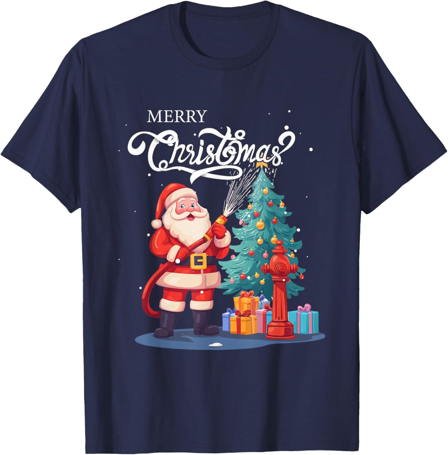 Firetruck Santa Sleigh Fireman Christmas Firefighter Xmas T-Shirt - T-Shirt | Navy