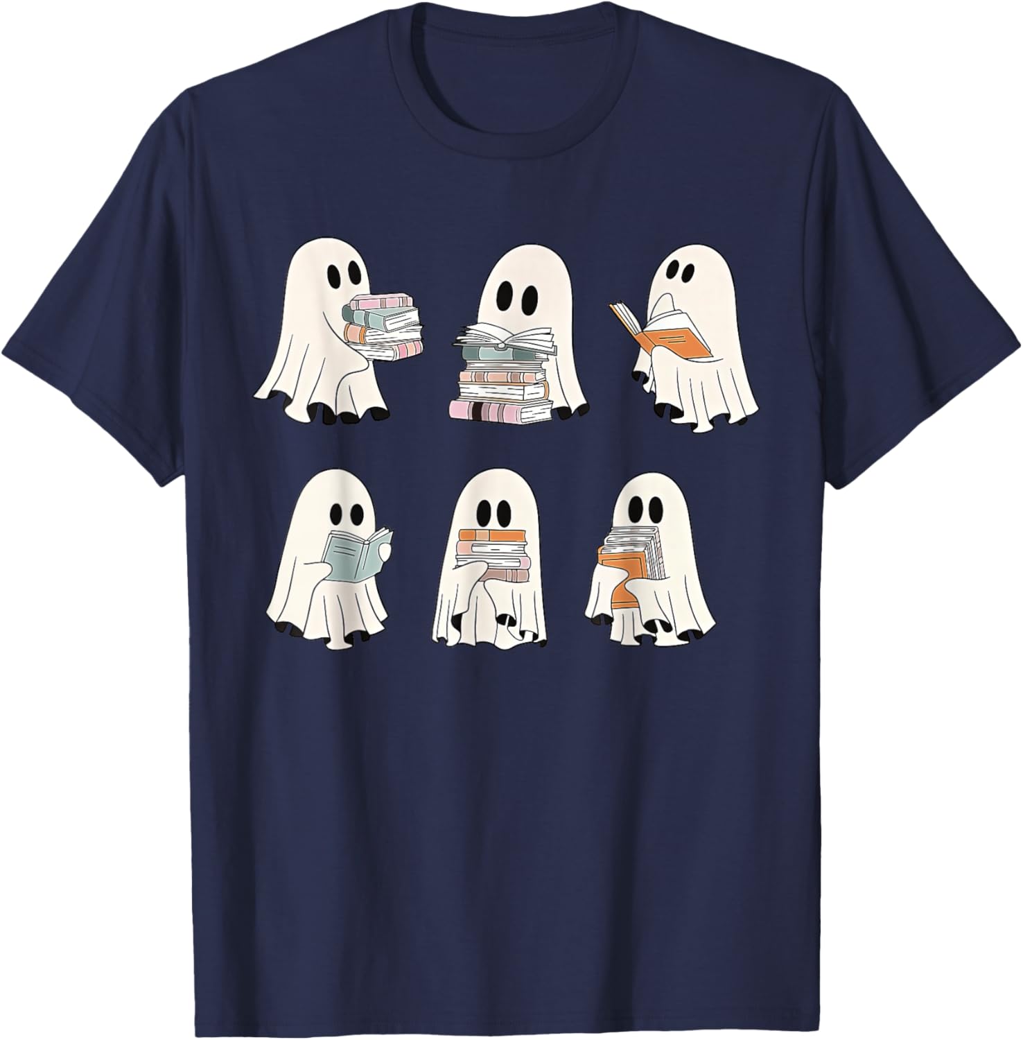 Retro Ghost Reading Books, Halloween bookish ghost bookworm T-Shirt - T-Shirt | Navy