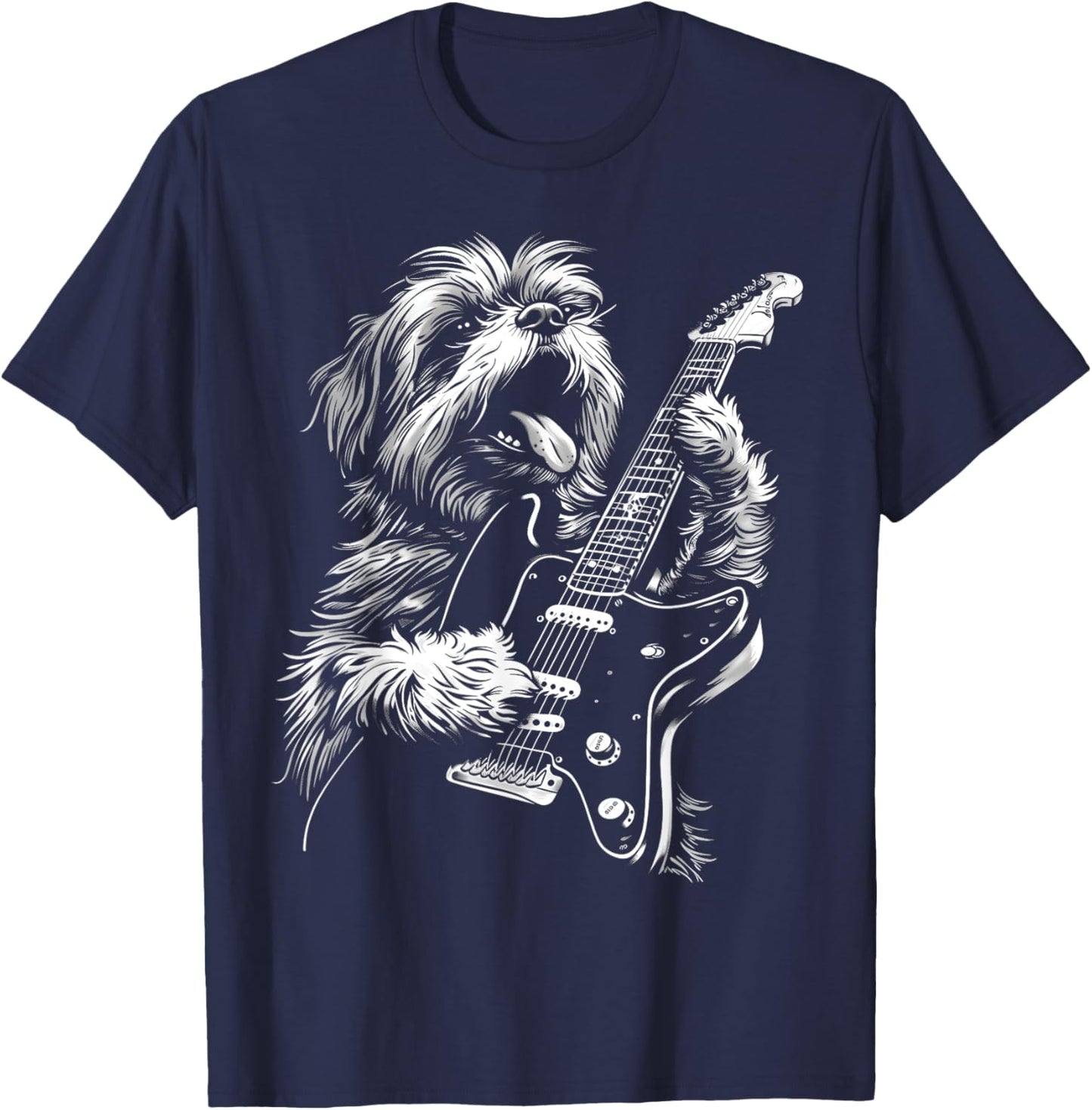 Funny Shih Tzu Dog Playing Electric Guitar Rock Dog Dad Men Women Kids T-Shirt - T-Shirt | Navy