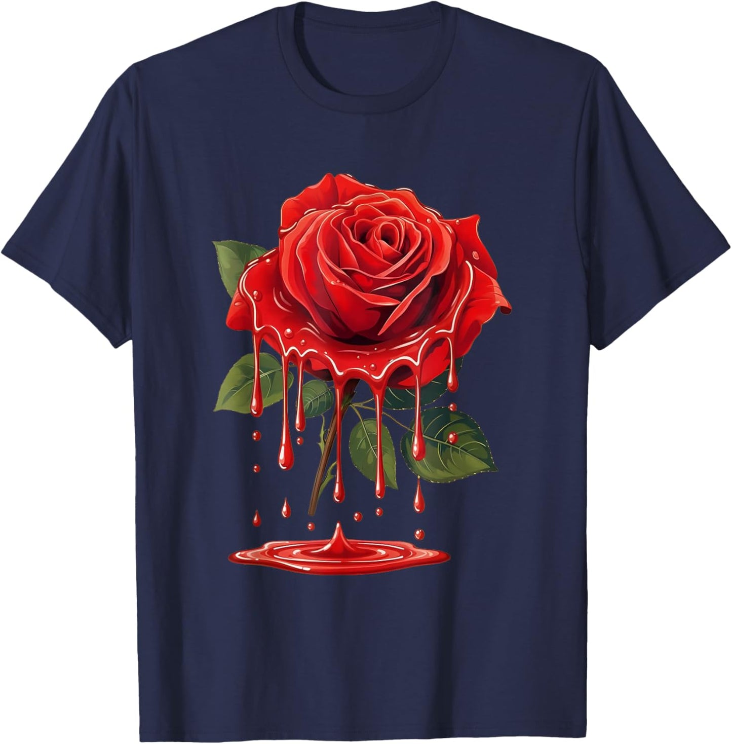 Beautiful Red Rose Dripping Petal Floral Art T-Shirt - T-Shirt | Navy
