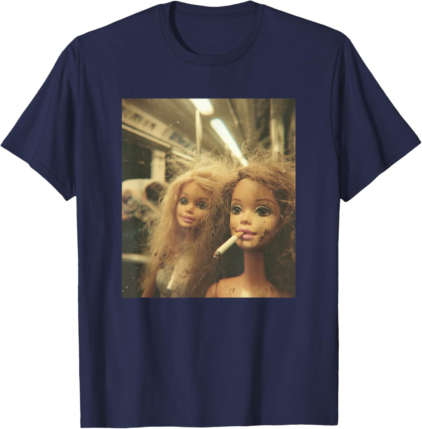 Retro Funny Distressed Doll Smoking Meme Sarcastic Graphic T-Shirt - T-Shirt | Navy