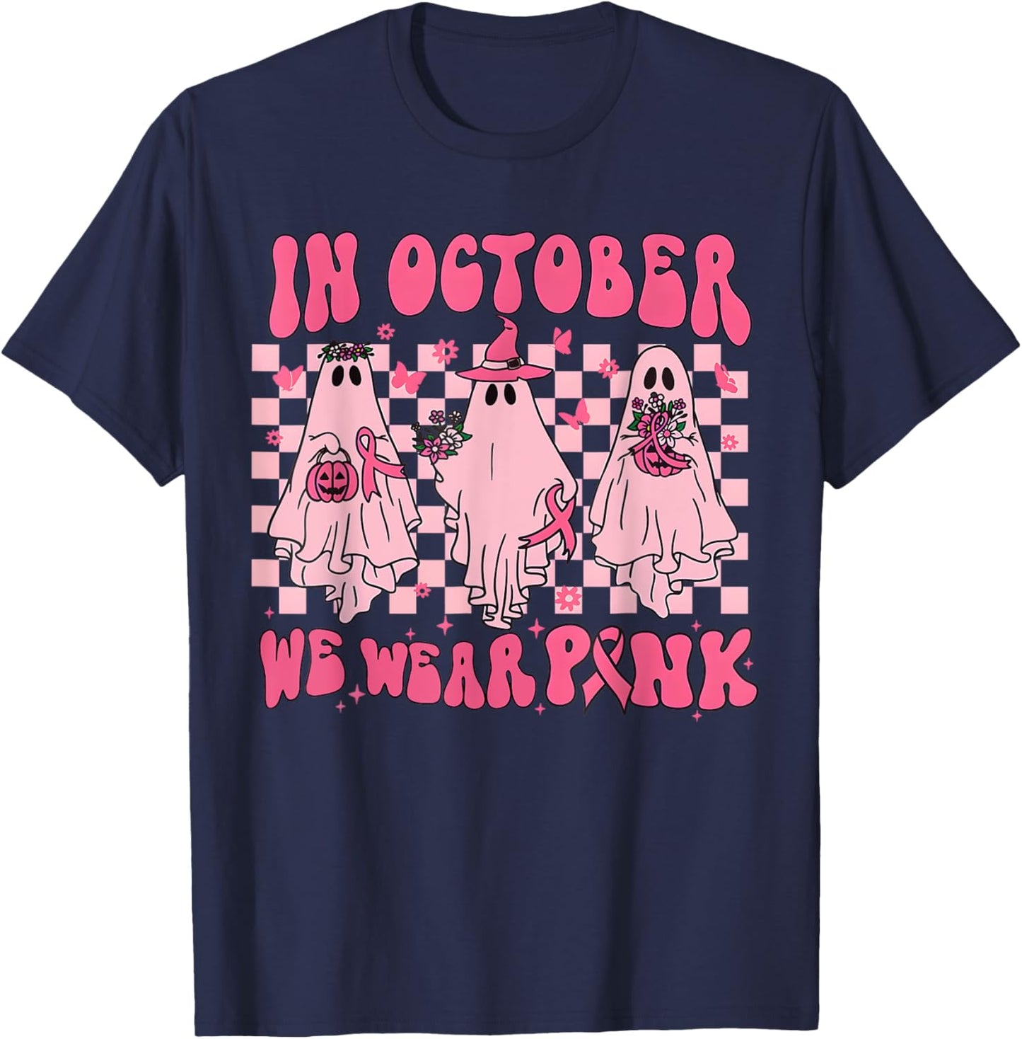 In October We Wear Pink Ghost Groovy Breast Cancer Halloween T-Shirt - T-Shirt | Navy