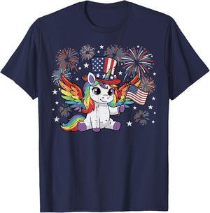 4th of July Unicorn US Flag Cute Patriotic Toddler Girl Kids T-Shirt - T-Shirt | Navy