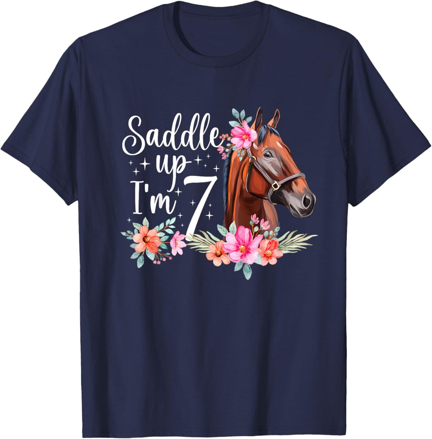Kids 7th Horse Birthday Seven Year Old Girl Horses Birthday T-Shirt - T-Shirt | Navy