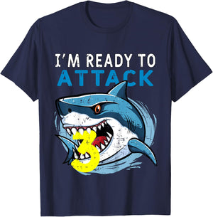 Kids I'm Ready to Attack 3 Funny Shark 3th Birthday Boys Kids T-Shirt - T-Shirt | Navy